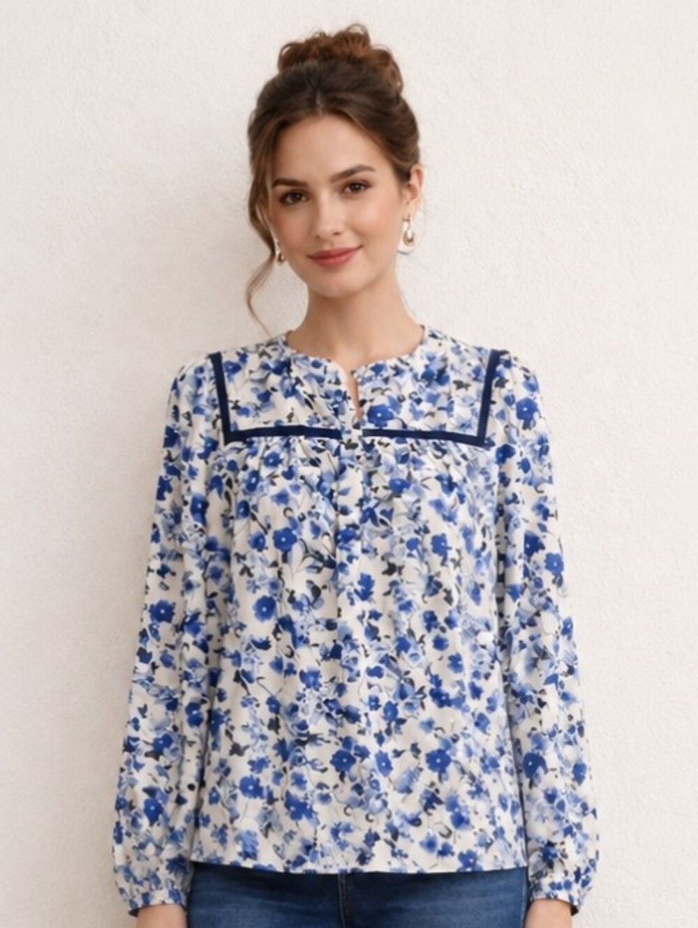 Talbots | Floral Blue White Subtle Pailey Blouse Long Sleeves